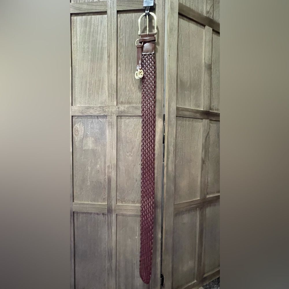 NWT Michael Kors Brown Leather braided belt with MK gold dangle.